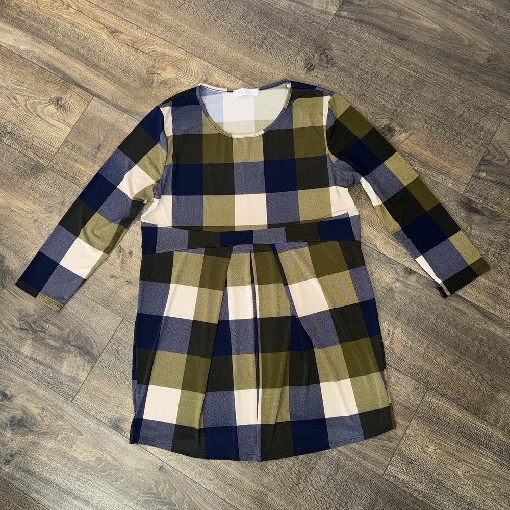 My Bump Women's Sz M Long Sleeve Top Green Blue Plaid  Stretchy Maternity Casual